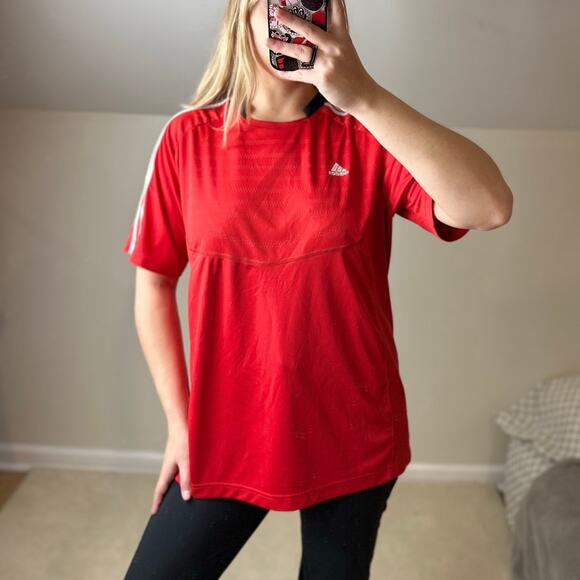 Adidas: Red Black and White Athletic Dri-fit Tee - Picture 2 of 9